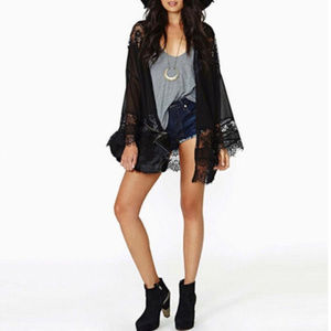 Casual Vintage Beach Kimono Coverup - Black Lace